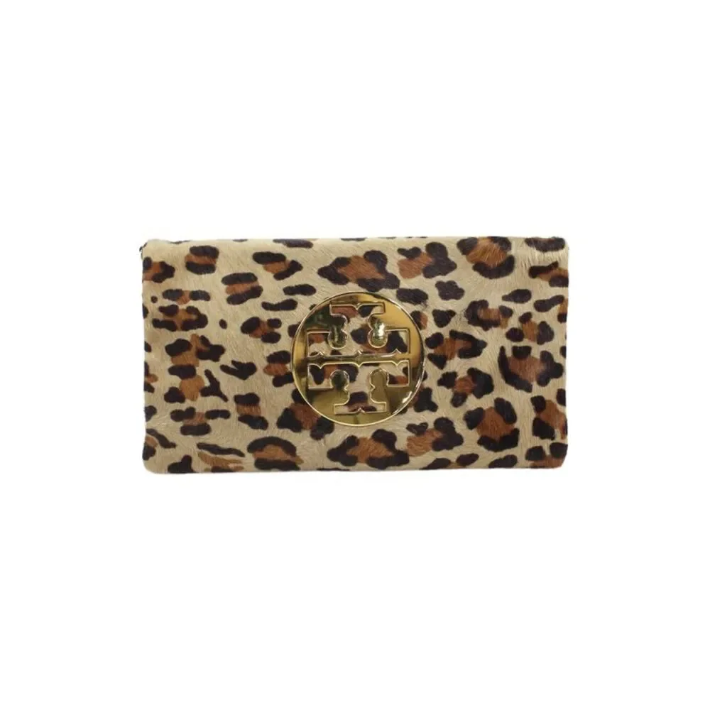 Tory Burch Womens Animal Print Gold Tone Medallion Shoulder Handbag Brown Black